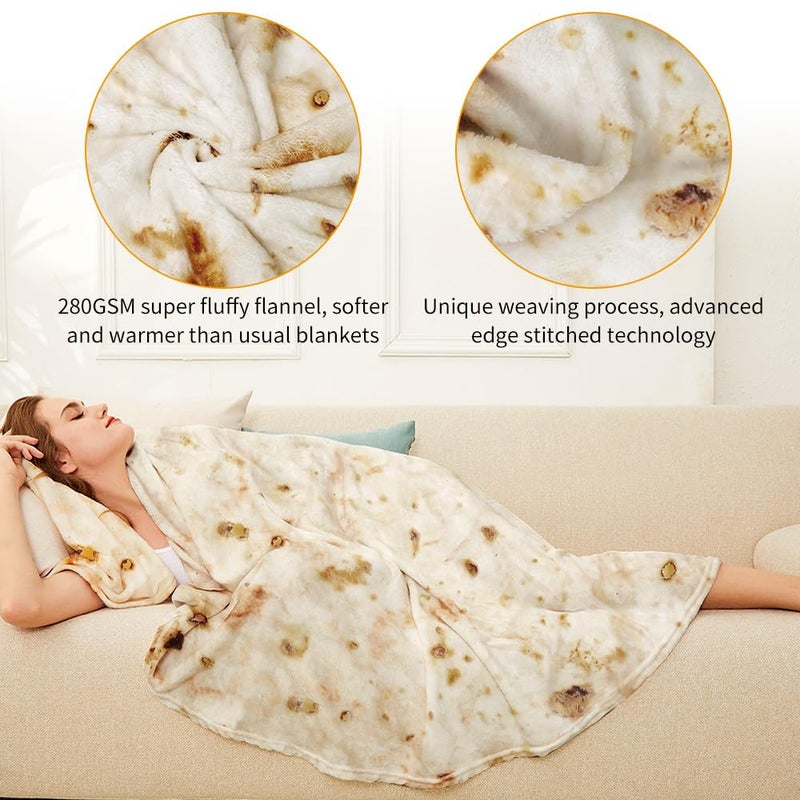 LetsFunny Burrito Tortilla Throw Blanket, 80in Soft Cozy Warm Couch Blankets for Women Men, Realistic Double Sided Taco Tortilla Round Food Blanket, Flannel Throw Blanket for Birthday Anniversary - Image 4